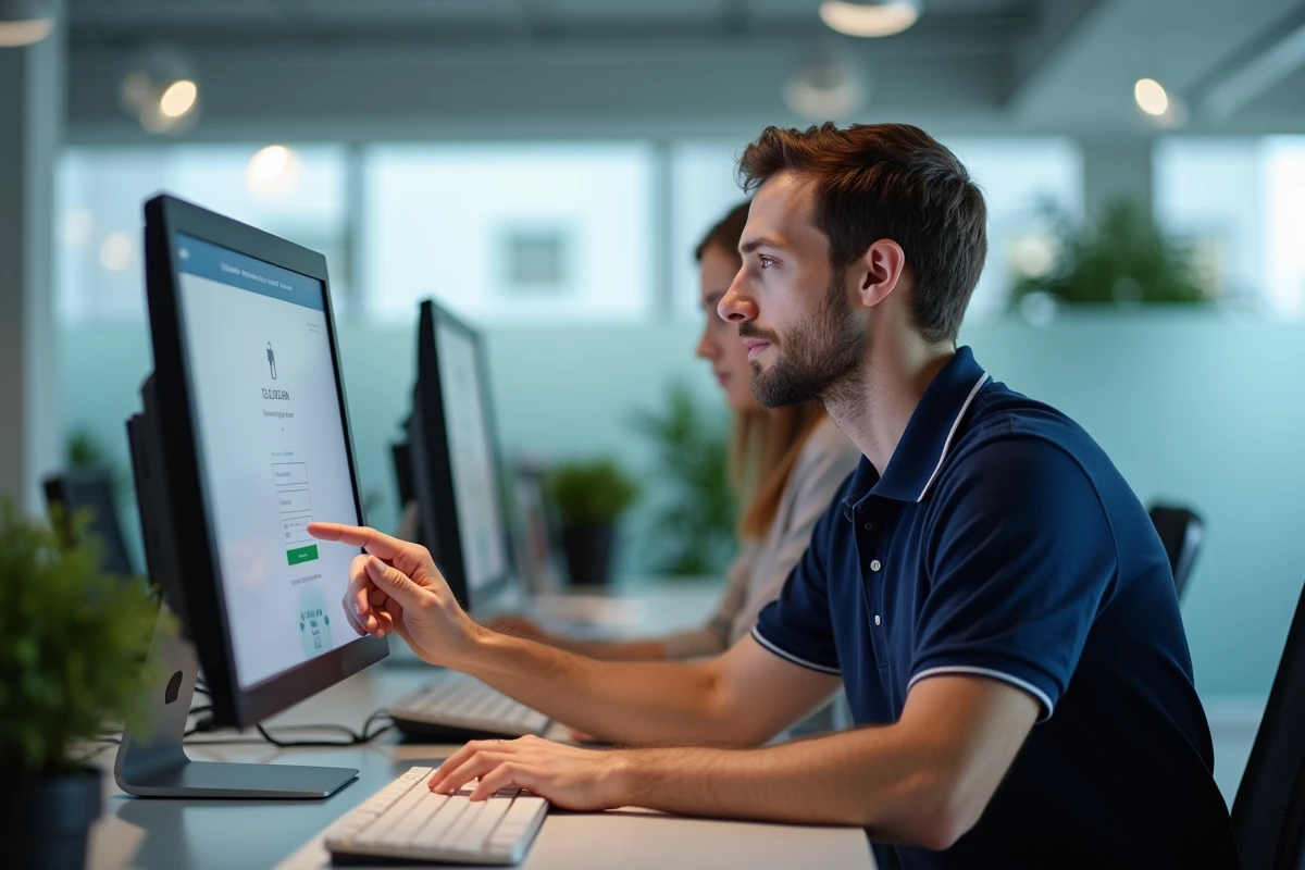 Agent du support informatique universitaire aidant un étudiant à résoudre un problème de mot de passe HYPERPLANNING au guichet d'accueil
