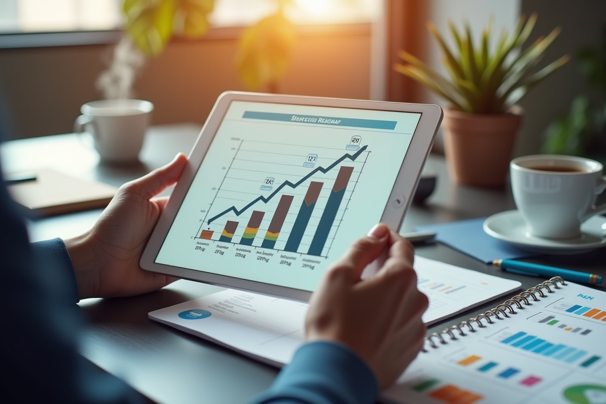 Mains tenant une tablette avec plan marketing créatif