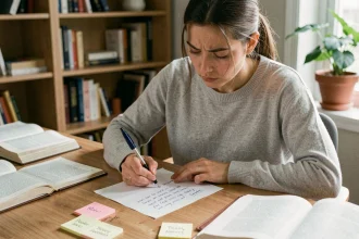 Jeune femme concentrée passant un test de mémoire écrit à son bureau, entourée de livres et de notes, pour illustrer l'apprentissage rapide grâce aux tests de mémoire