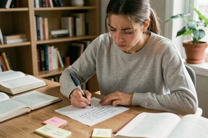 Jeune femme concentrée passant un test de mémoire écrit à son bureau, entourée de livres et de notes, pour illustrer l'apprentissage rapide grâce aux tests de mémoire