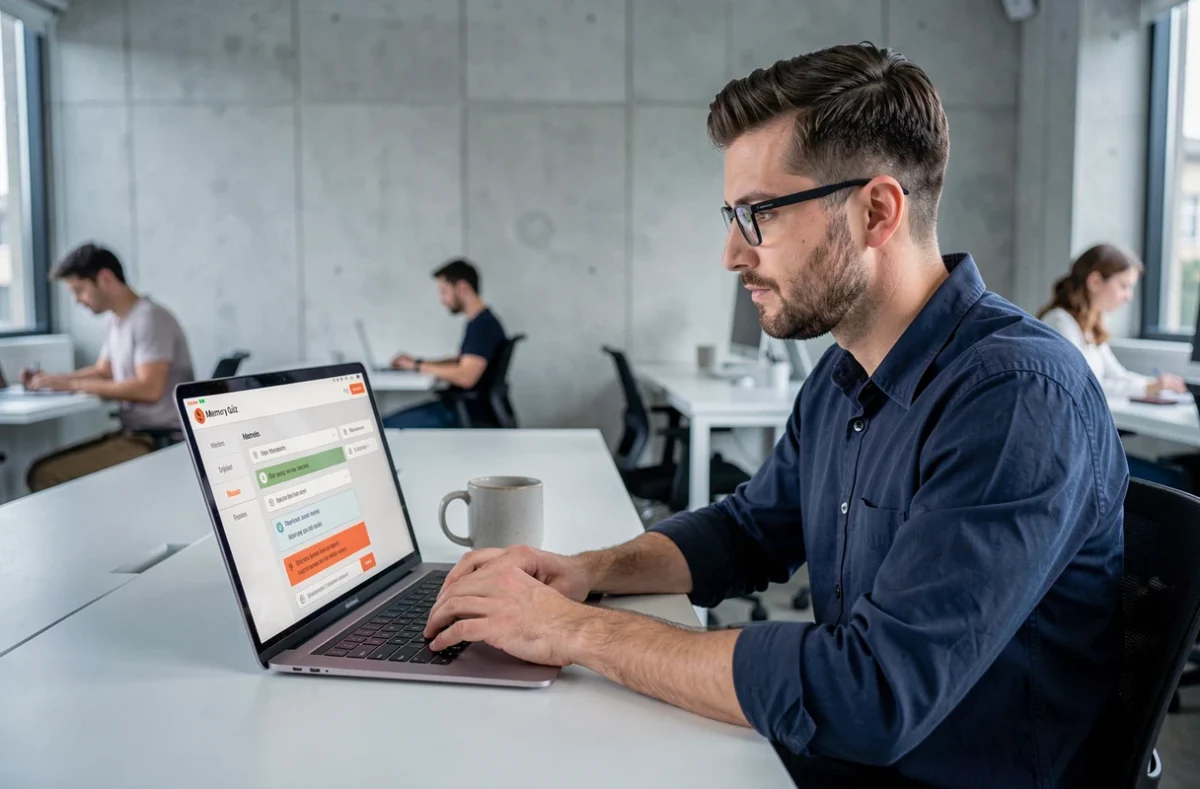Homme portant des lunettes passant un test de mémoire en ligne sur ordinateur portable dans un espace de coworking moderne, illustrant l'efficacité des outils numériques pour apprendre vite et bien