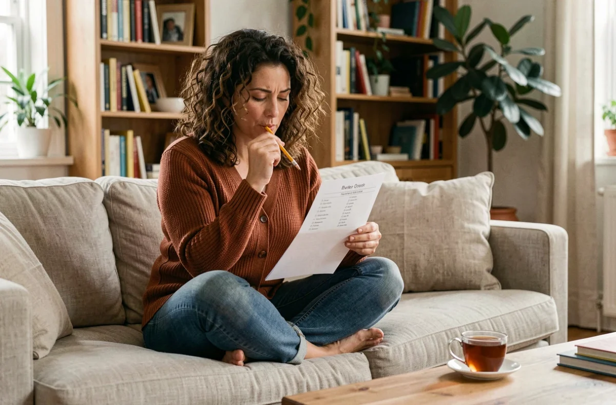 Femme mature réfléchissant à un test de mémoire imprimé depuis son canapé à domicile, illustrant l'apprentissage autonome et l'amélioration de la mémoire au quotidien