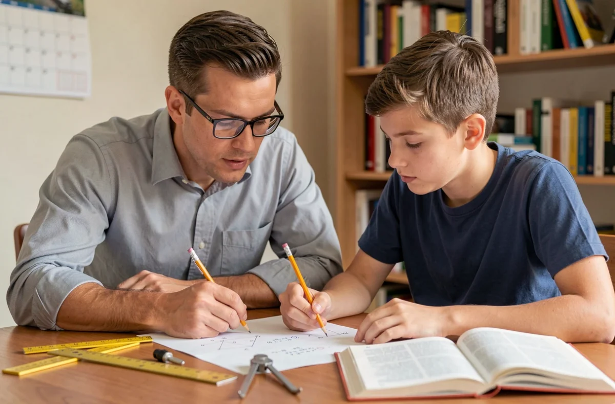 Tuteur de Top Soutien Scolaire expliquant un exercice de géométrie à un lycéen à domicile à Lyon