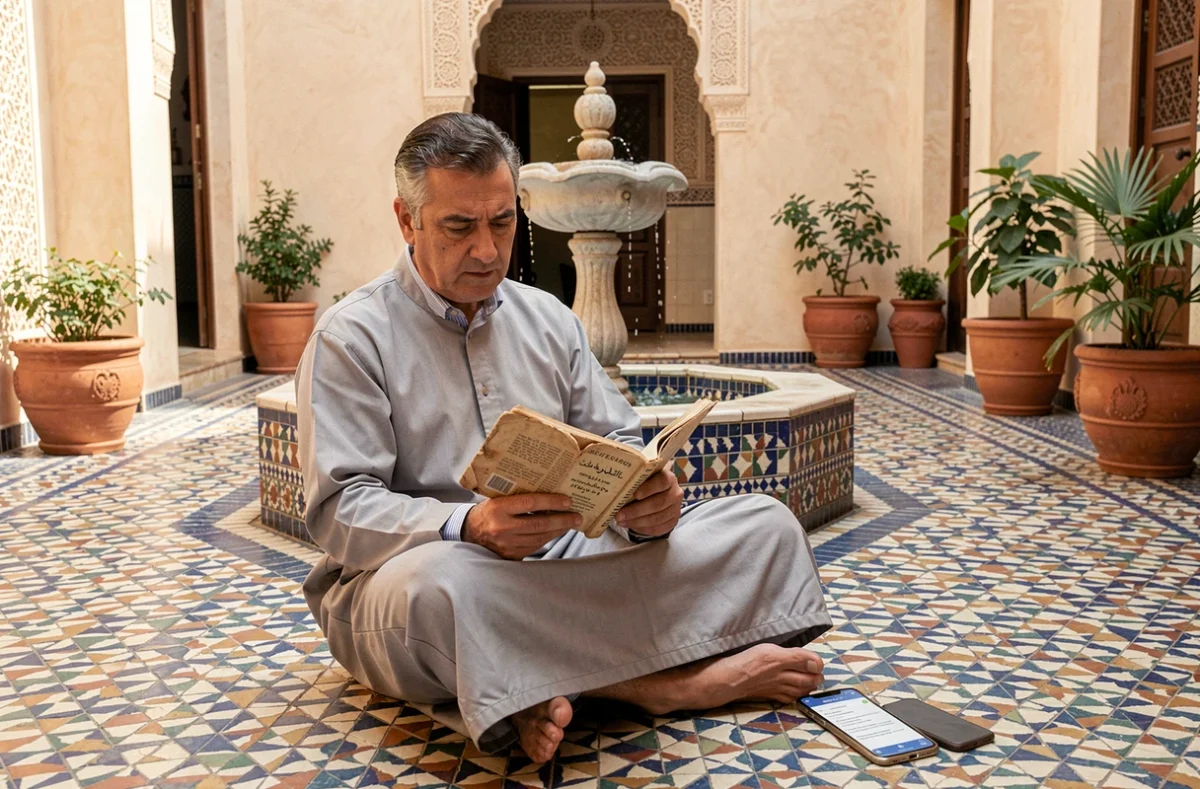 Homme marocain consultant un dictionnaire arabe-français dans un riad traditionnel illustrant la traduction du darija