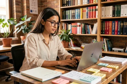 Jeune femme marocaine traduisant le darija en français sur un ordinateur portable dans un espace de coworking à Casablanca