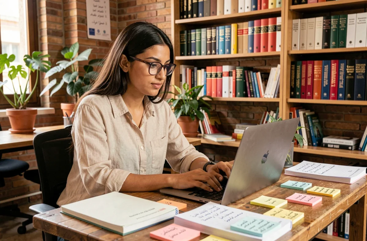 Jeune femme marocaine traduisant le darija en français sur un ordinateur portable dans un espace de coworking à Casablanca