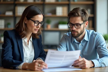 Tuteur de stage en entreprise discutant de l'appréciation avec un jeune stagiaire autour d'un bureau