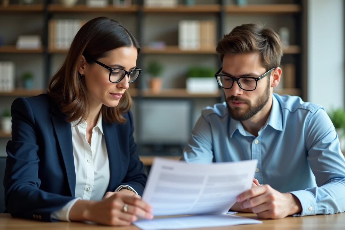 Tuteur de stage en entreprise discutant de l'appréciation avec un jeune stagiaire autour d'un bureau
